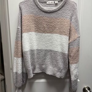 Cozy Striped Sweater - Gray, White, and Tan